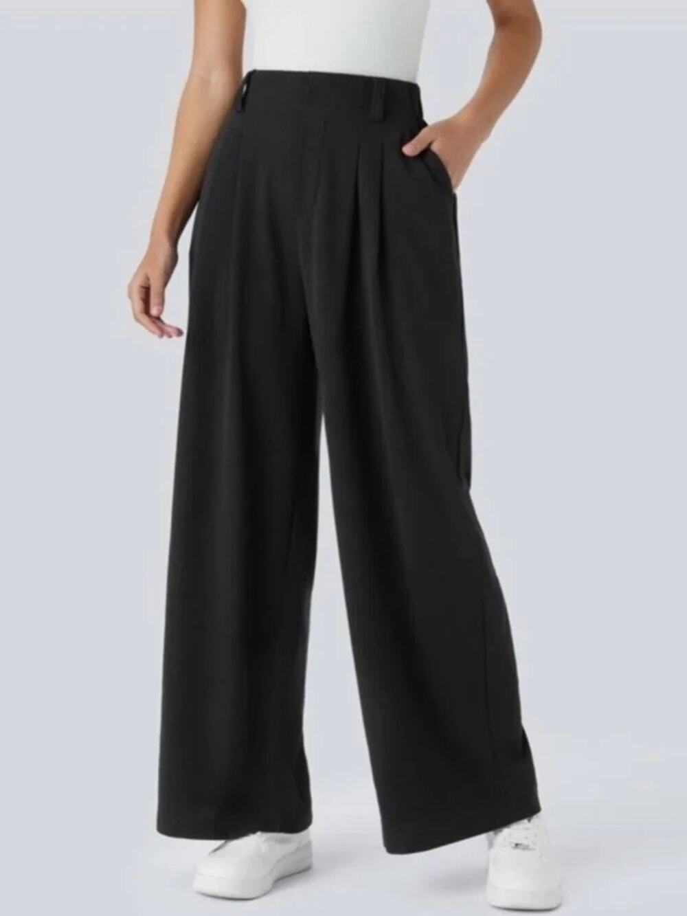 NWT-Lg Petite-Halara Flex High Waisted Pocket Wide Leg Waffle Work Pants Black
